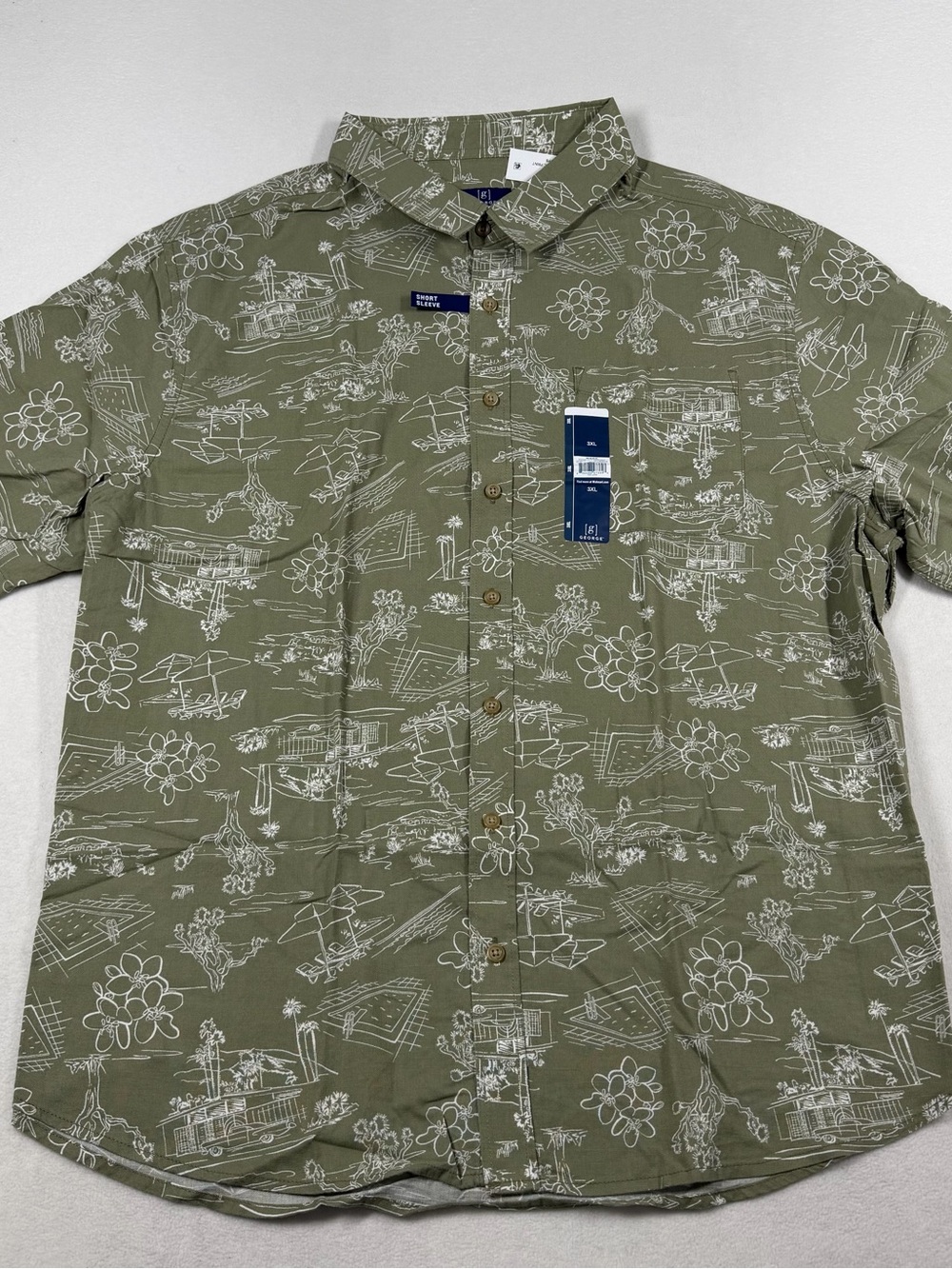 George Olive Green Short-Sleeve Scenic Printed Button-Down Shirt